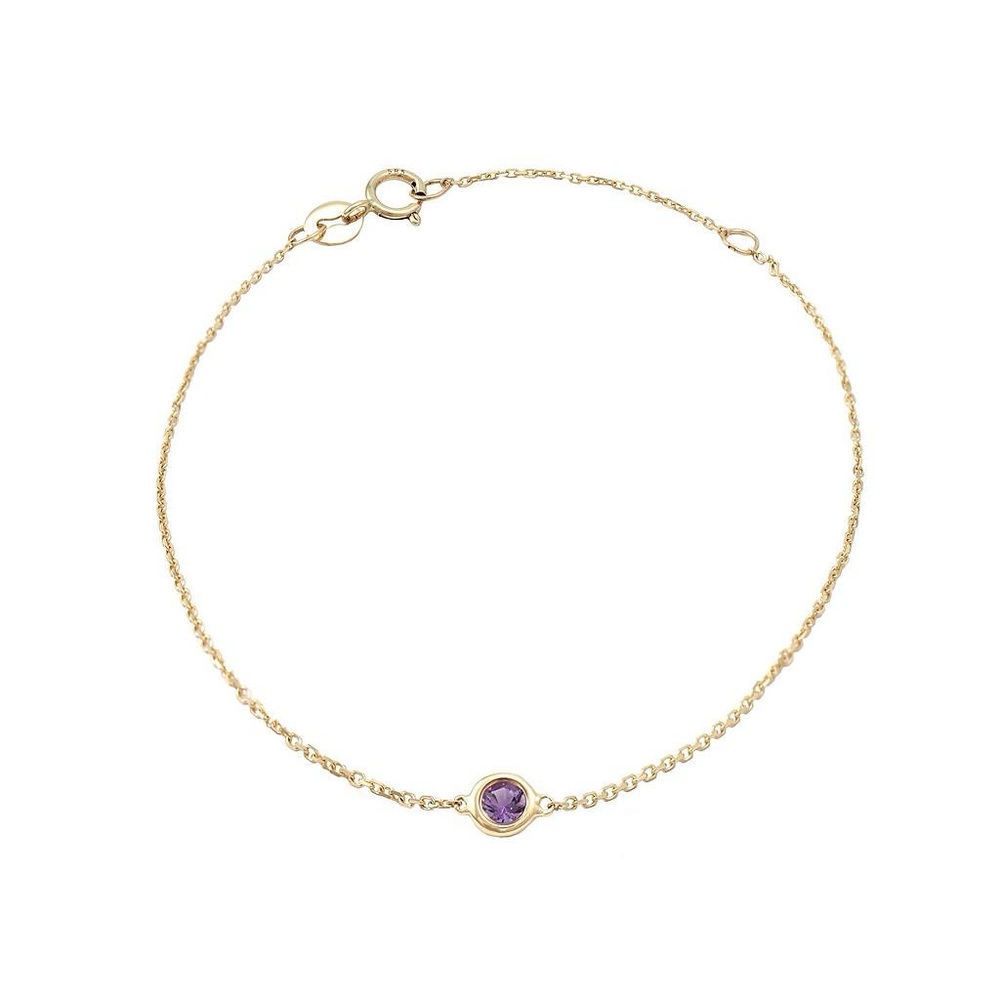 14K Real Yellow Gold Classic Round Bezel Amethyst Bracelet 6+1″